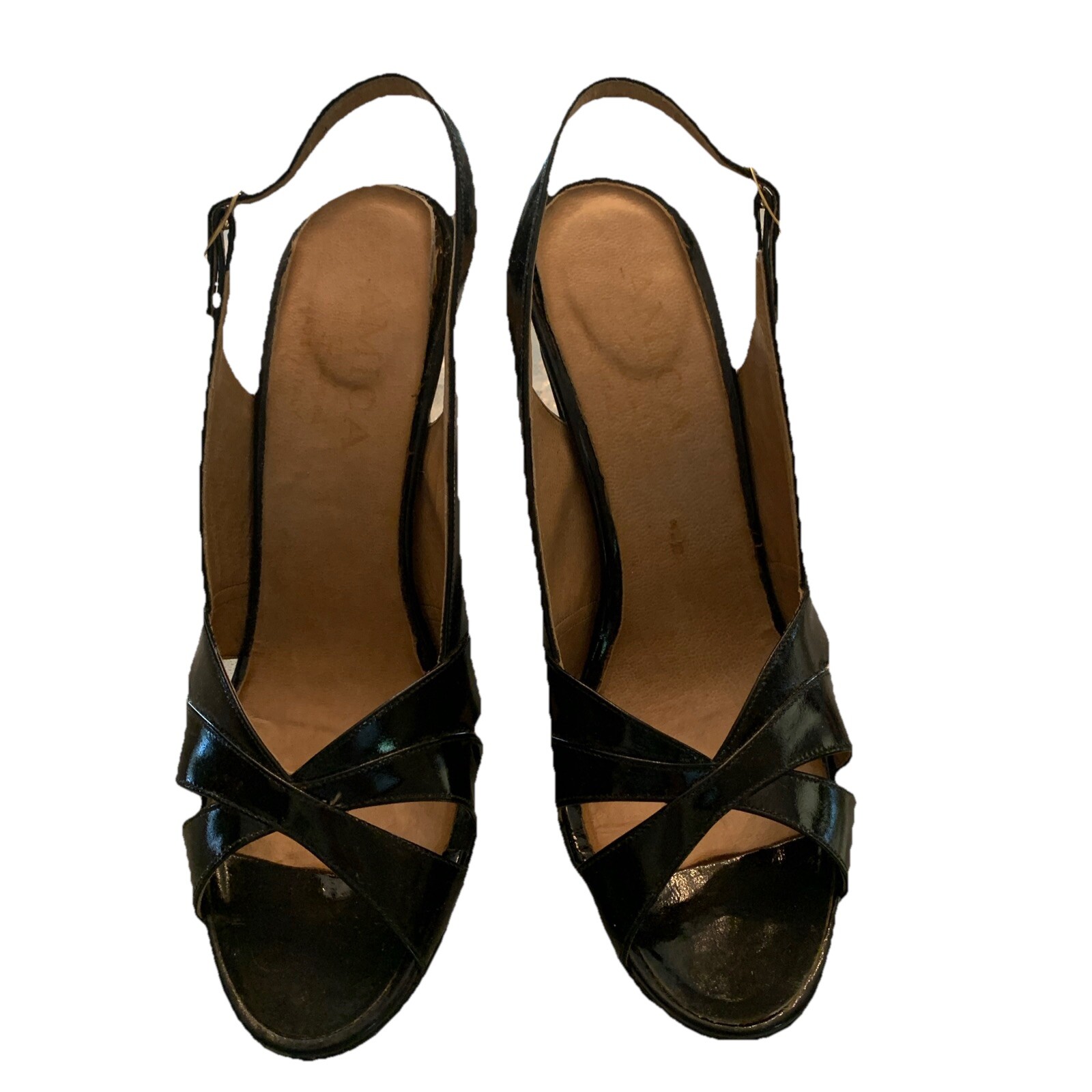 Amica Bambergers Made Italy Black Patent Leather Sling Back Heels Sz 7.5 M