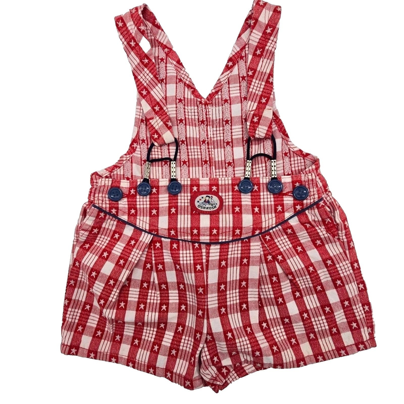Vintage OshKosh Gingham Star Overall 4th of July Jumper Bubble Romper Size 2T