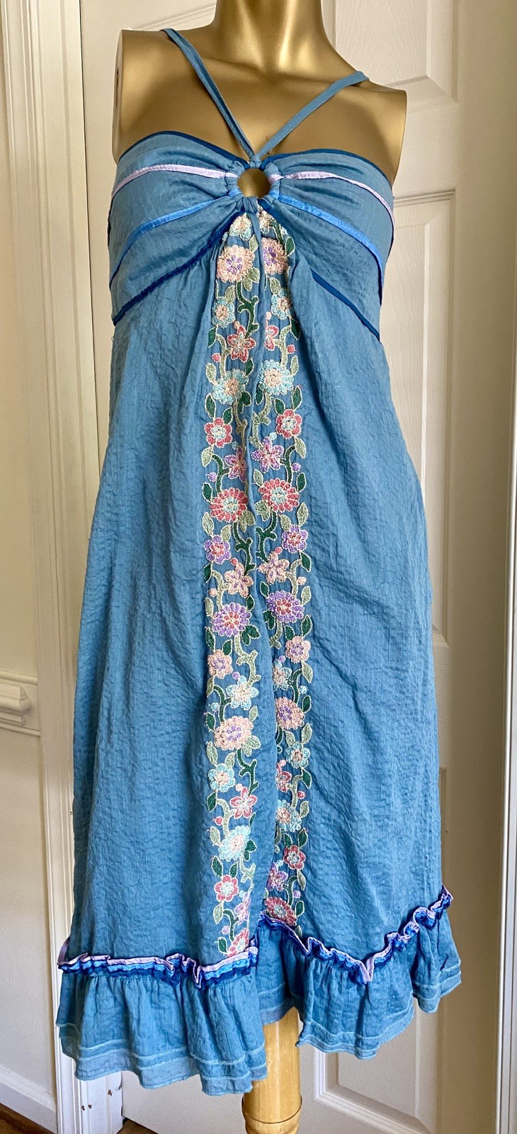 VTG Cynthia Steffe Floral Embroidery O Ring Sundress Whimsy Fairycore 70s Size 2