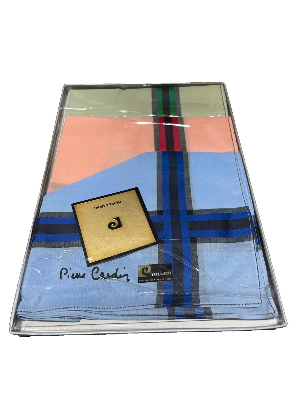 Vintage Pierre Cardin Handkerchief Set of 3 Cotton Blue Pink Green New NIB