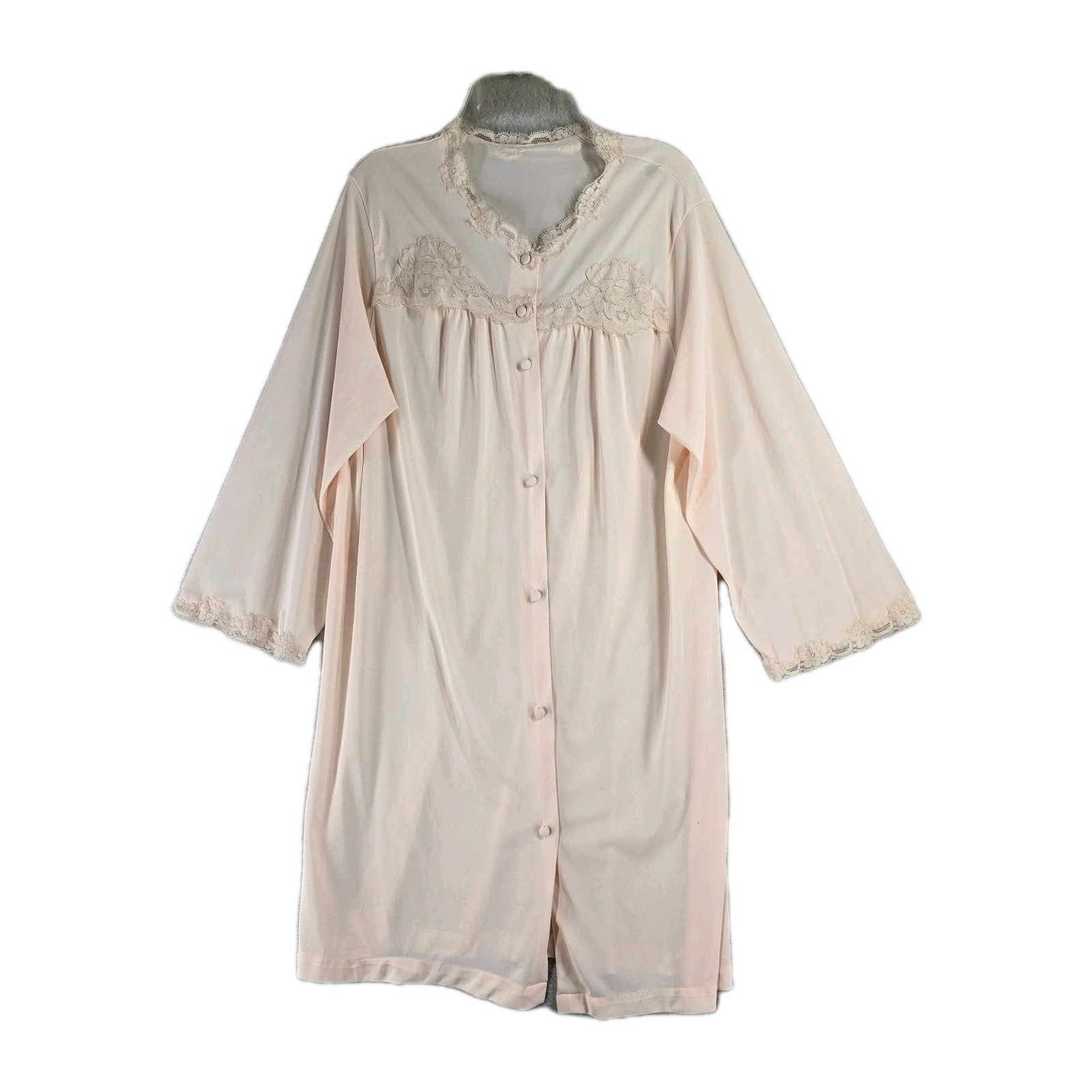 Vintage Franklin Simon Womens Peach Robe Button Front Lace Trim 3/4 Sleeve L
