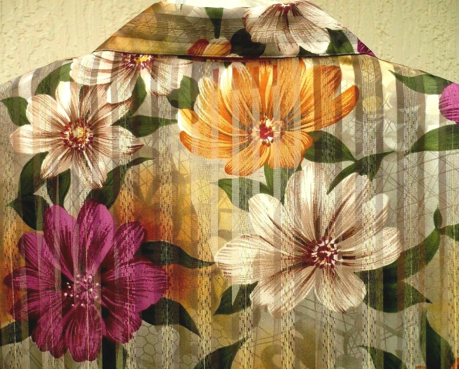 VTG 80S METALLIC BRIGHT MULTI COLOR FLORAL SHEER SILVER STRIPED BLOUSE WOMEN L P