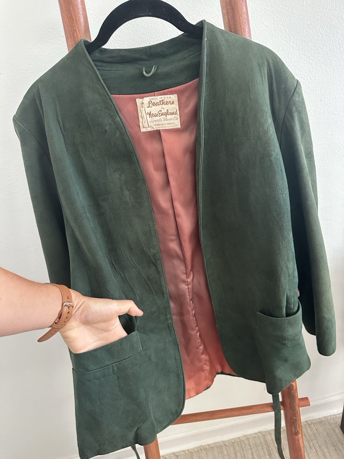 Vintage Leathers By New England Green Suede Jacket With Belt Pockets Size S/M