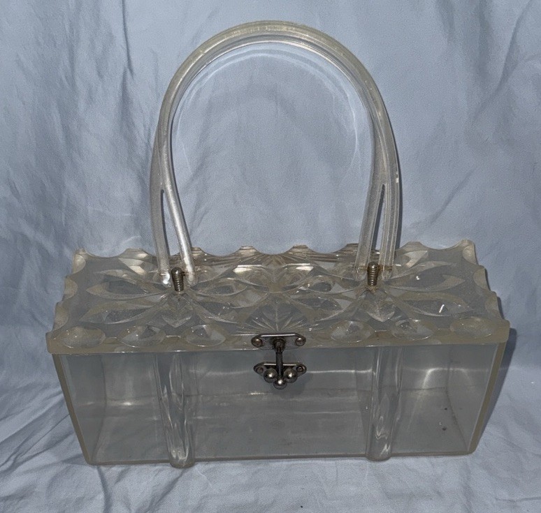 Lucite Vintage Clear Box Purse with Textured Lid and Handle