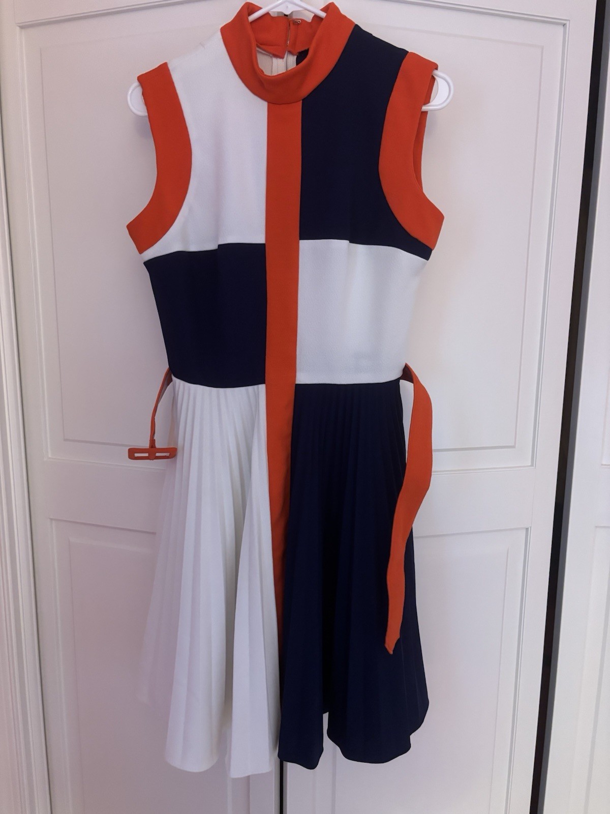 60s 70s Vintage Red White And Blue Block Pattern Sleeveless Pleated Dress