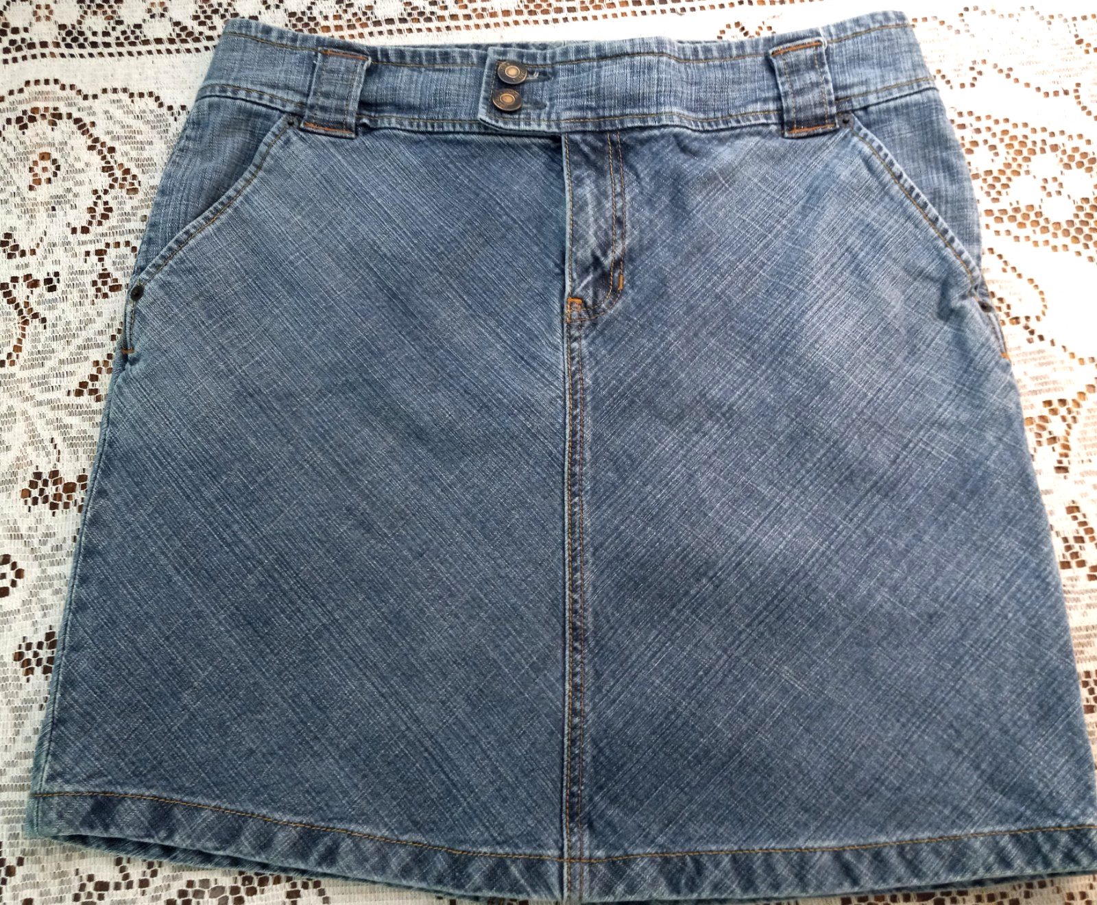 Vintage Womens Gap Denim Midi Skirt Size 14 Stretch Pockets Wide Belt Loops