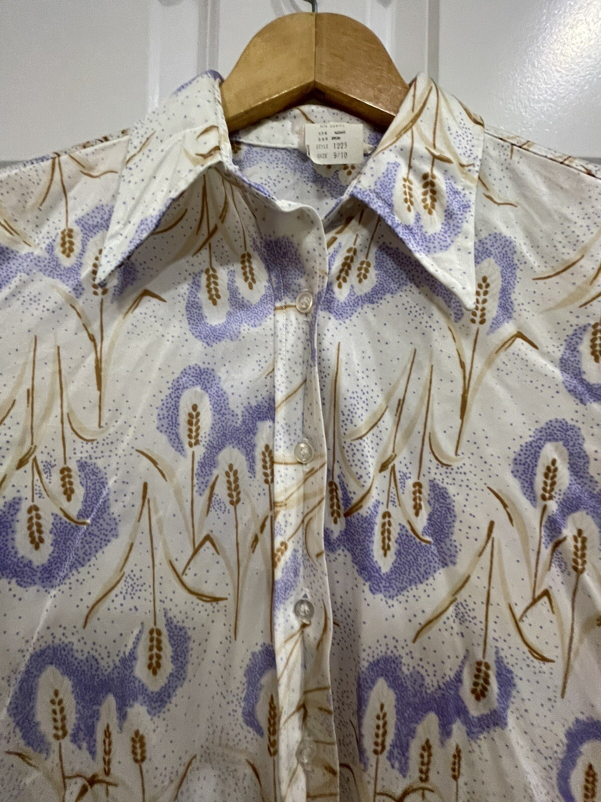 Vtg Donkenny Blouse 60s 70s Mod Boho Hippie White Purple Wheat Sz 9 10