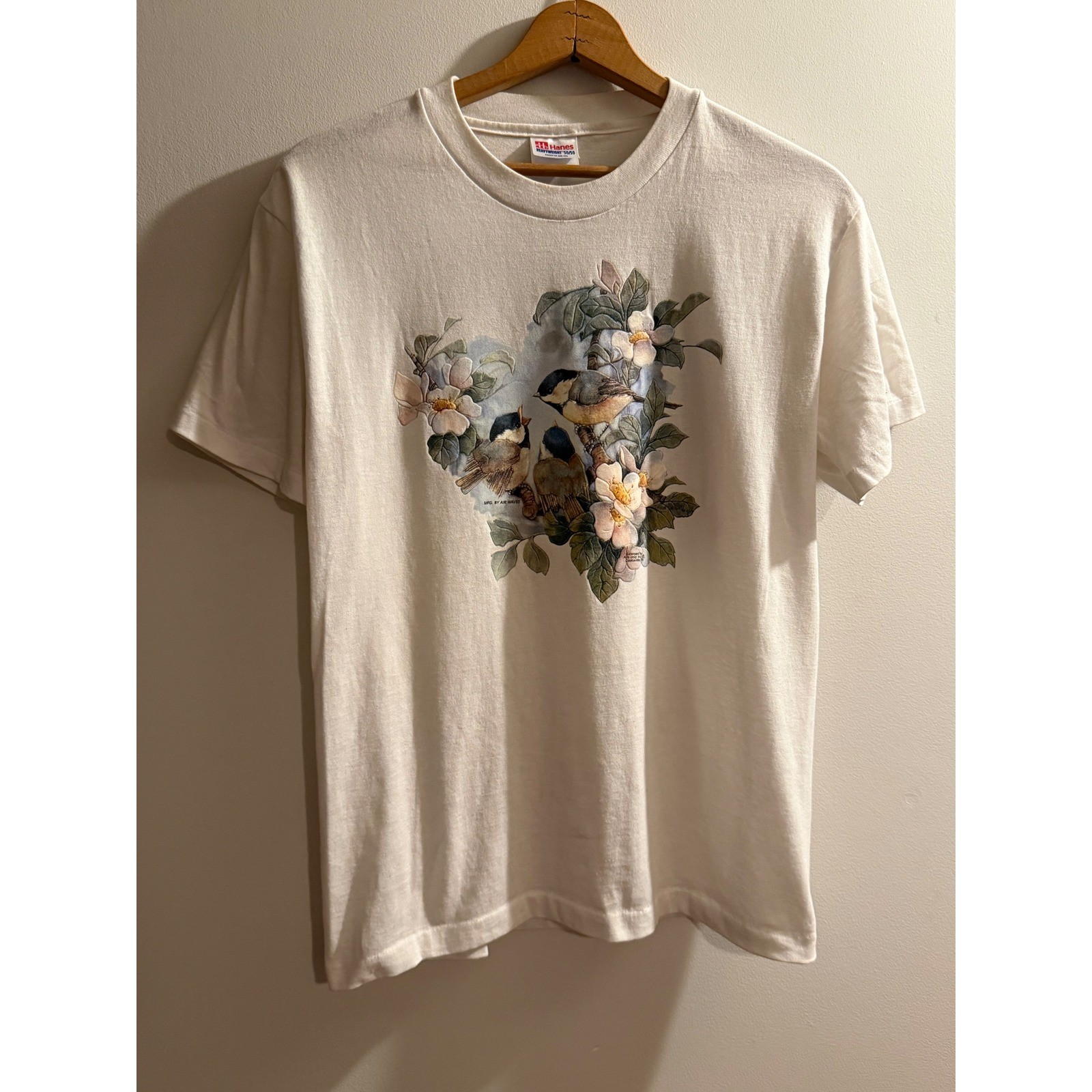 Vintage Hanes Heavyweight 50/50 Chickadee Birds Nature T-Shirt White Adult M USA