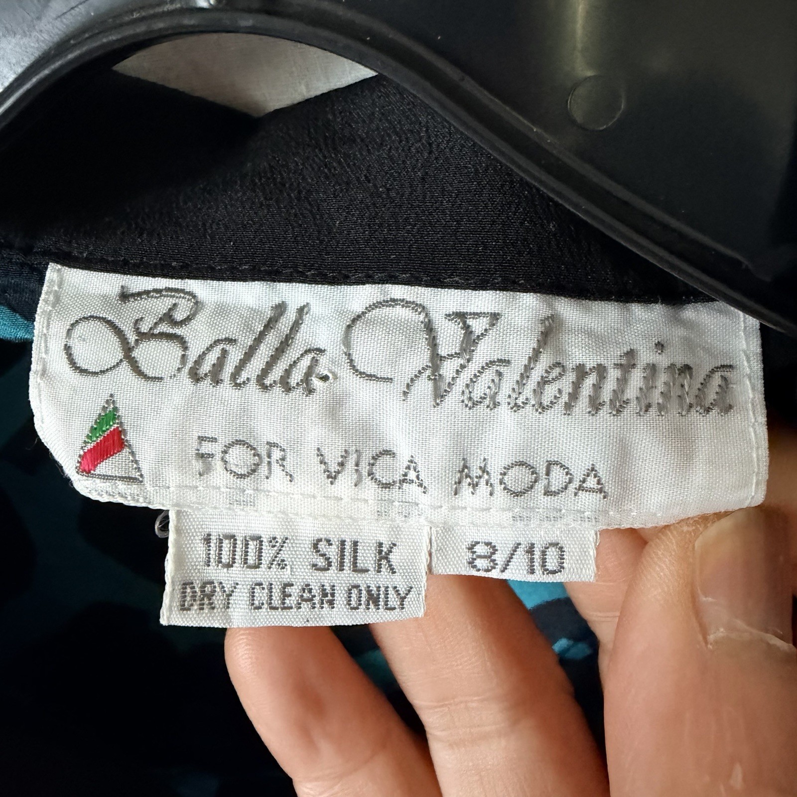 VTG Balla Valentina Silk Blouse Teal Black Animal Print Jabot Maximalist Retro M