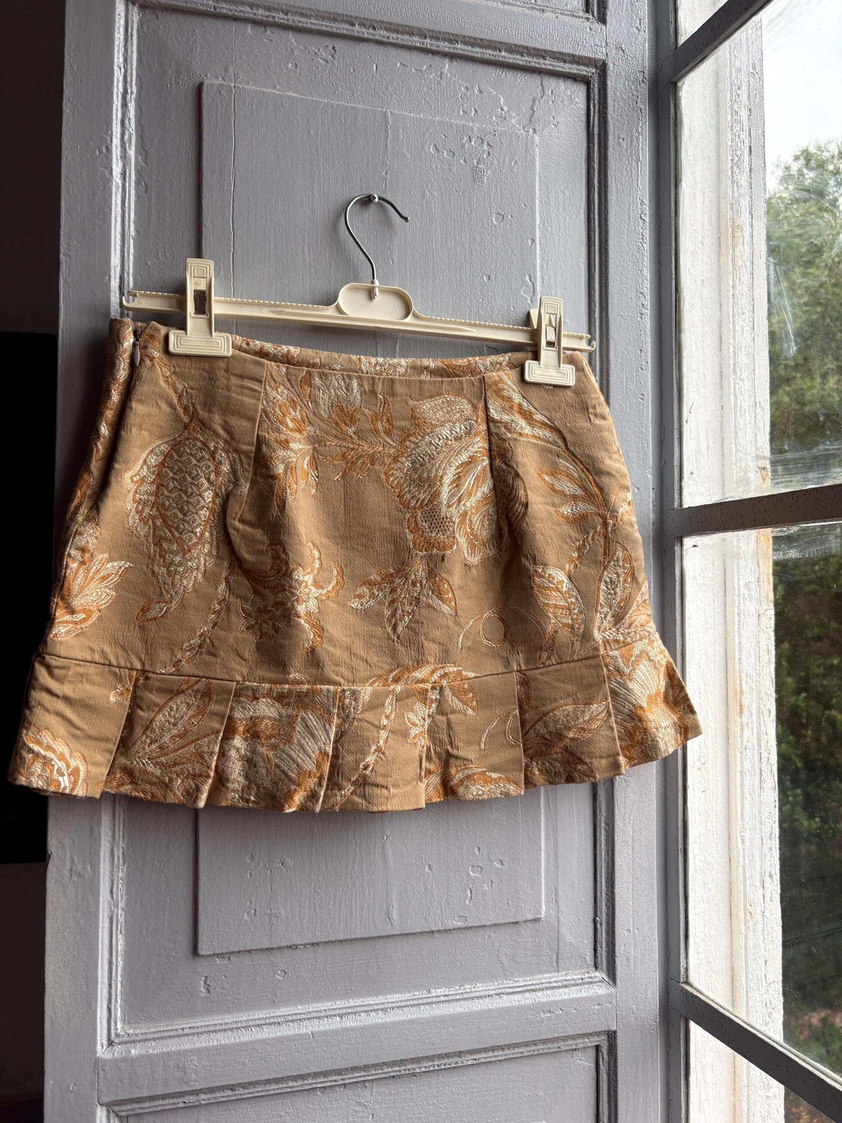 Y2K Brocade Two Piece Set, Women Corset Top Mini Skirt, Gold Floral Coquette Par