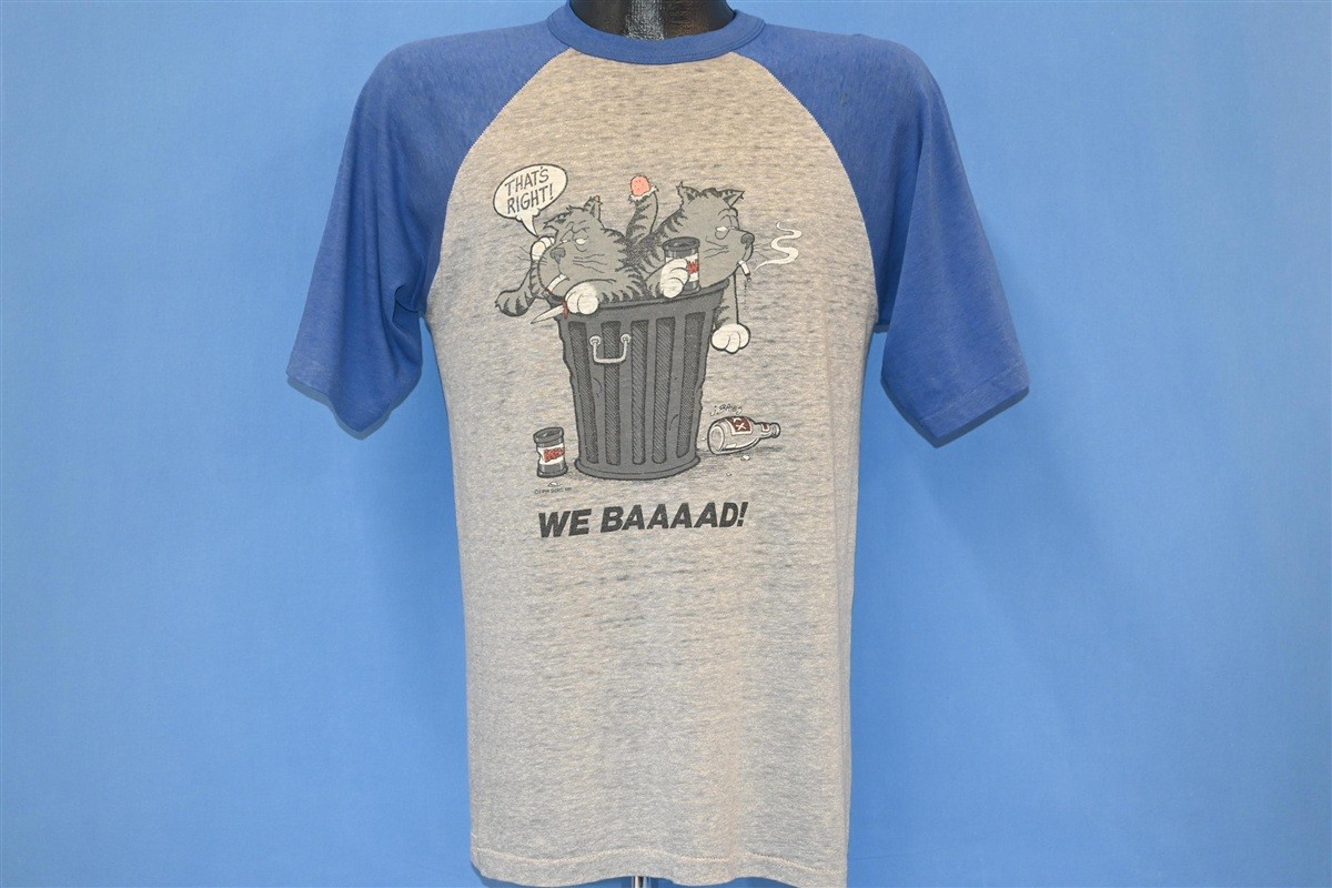 vintage 80s WE BAD CATS THATS RIGHT TRASH CAN FUNNY CARTOON RAGLAN t-shirt MEDM
