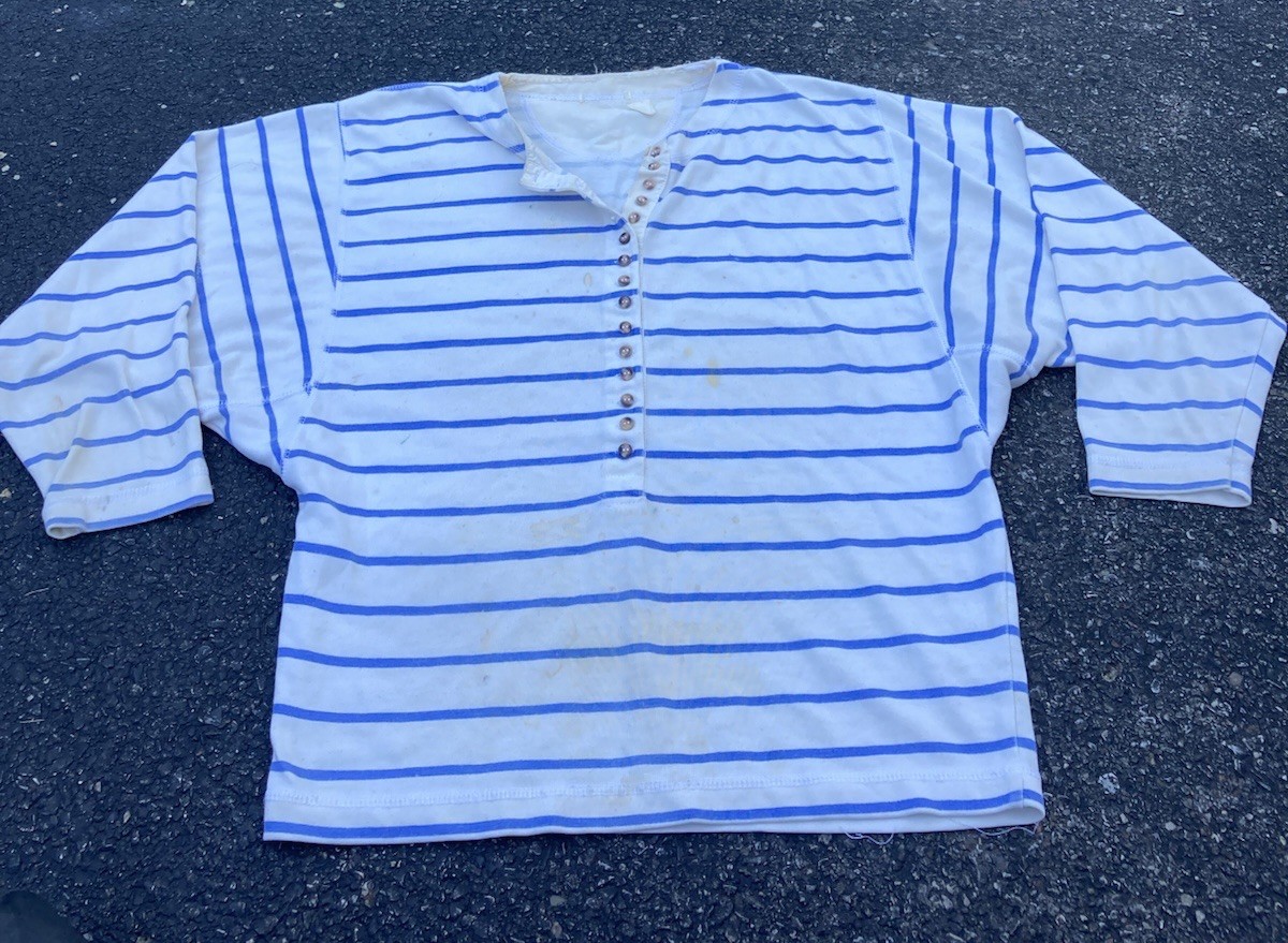 1930’s/40’s blue and white cotton work shirt 3/4 sleeve with gusset farm button