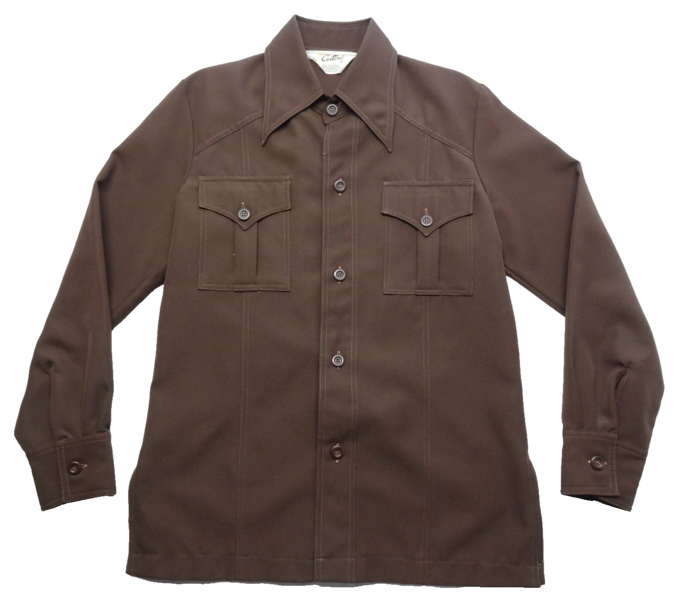 Cortini S Brown Disco Shirt 100% Polyester Taiwan VTG 70s Jacket Shacket Flap