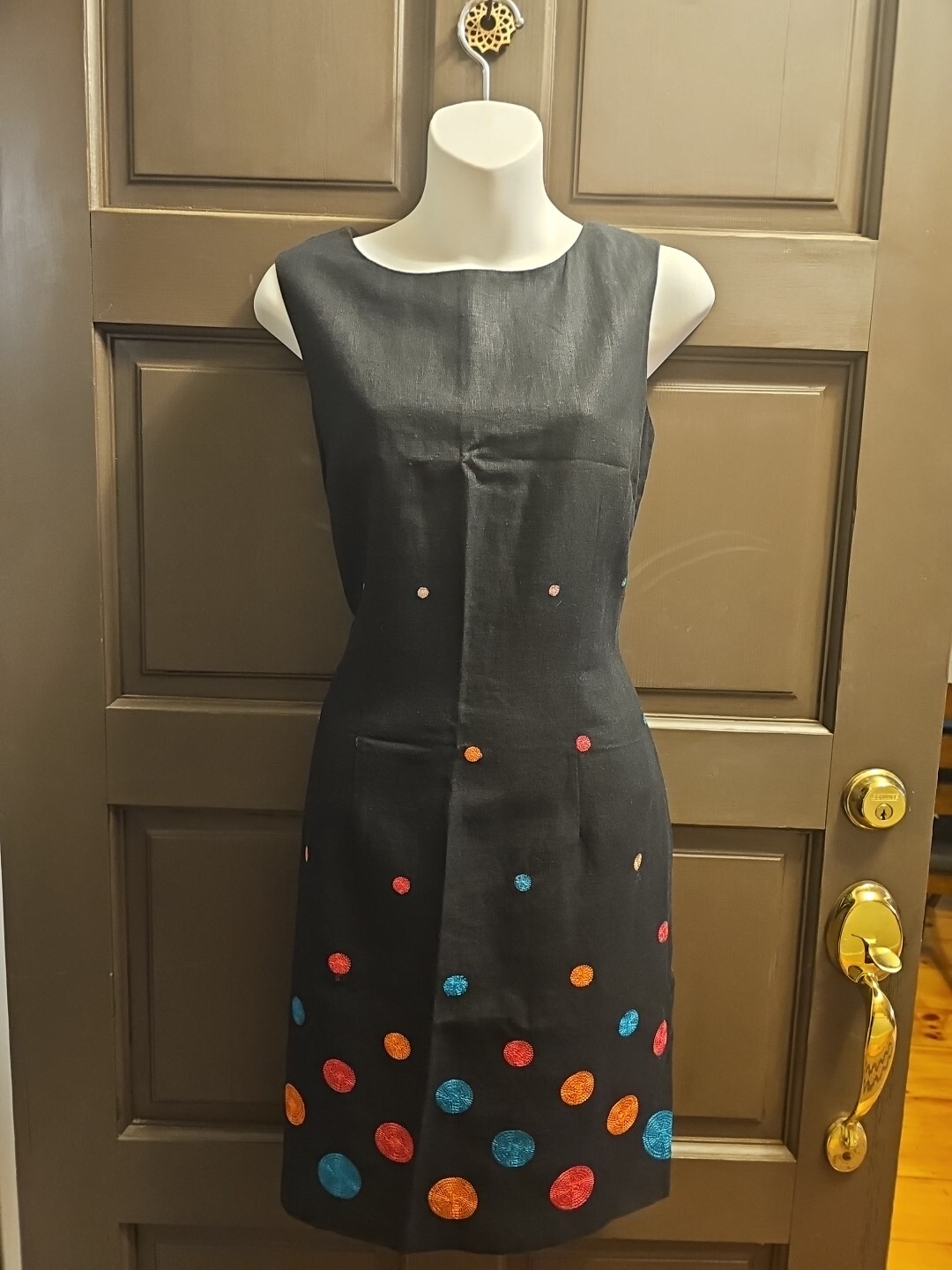 Vintage John Roberts Black Pencil Dress, Size 8, Embroidered Pink/Aqua/Orange