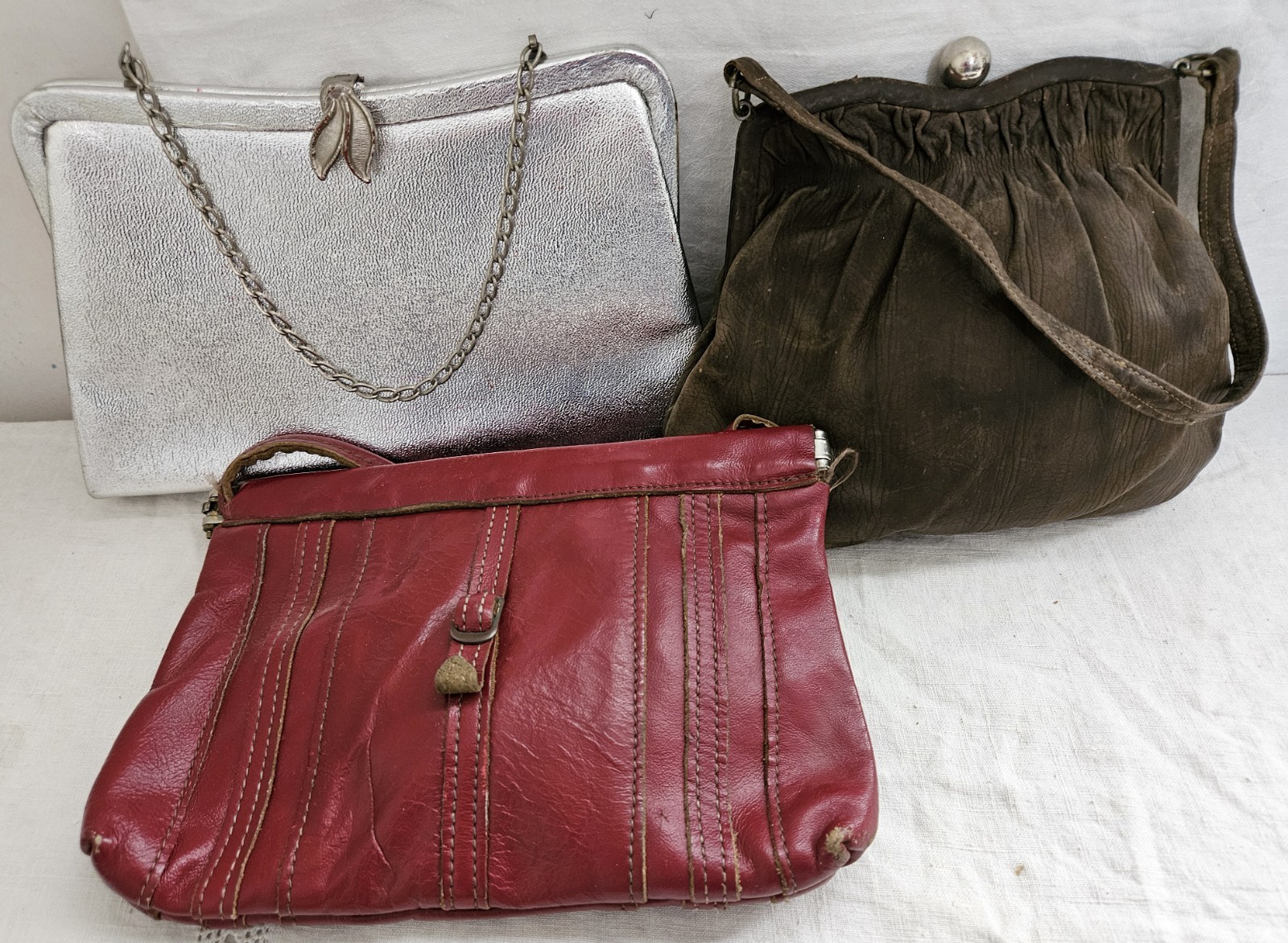 3 Vintage assorted Handbag Clutch Purse Lot Silver Red Leather Brown Suede