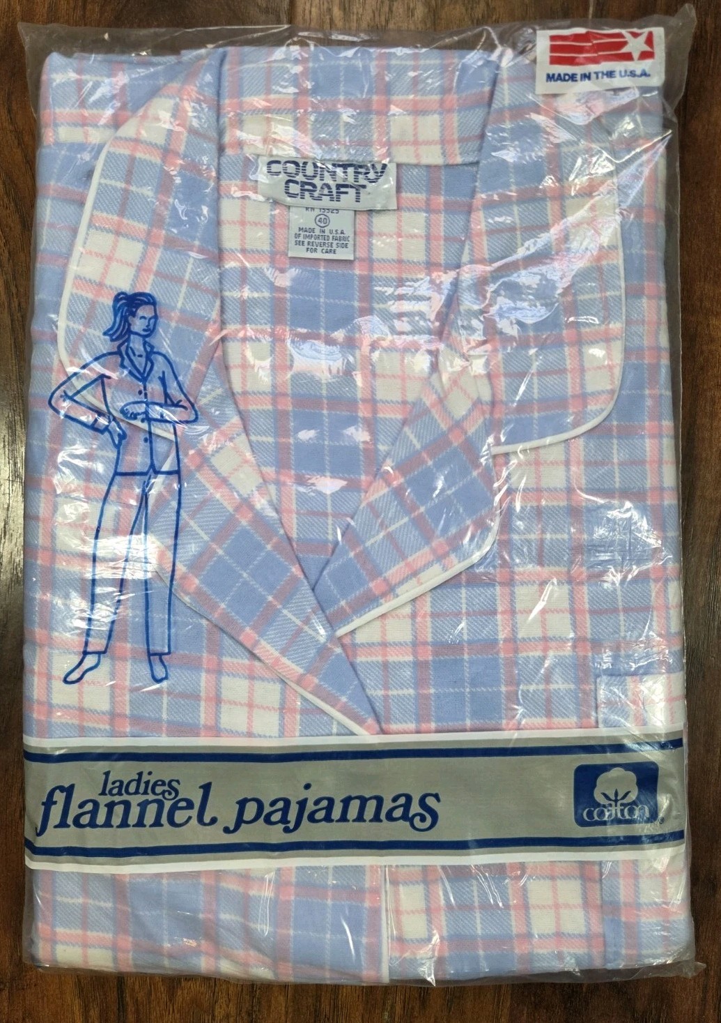 Vintage Country Craft Womens Flannel Pajama Set Size 40 Large Pink Blue Plaid