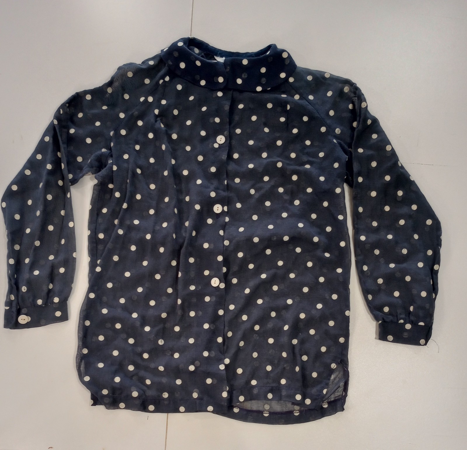 Vintage Sears Blouse Blue with White Polka Dots Button Up Long Sleeve Collar