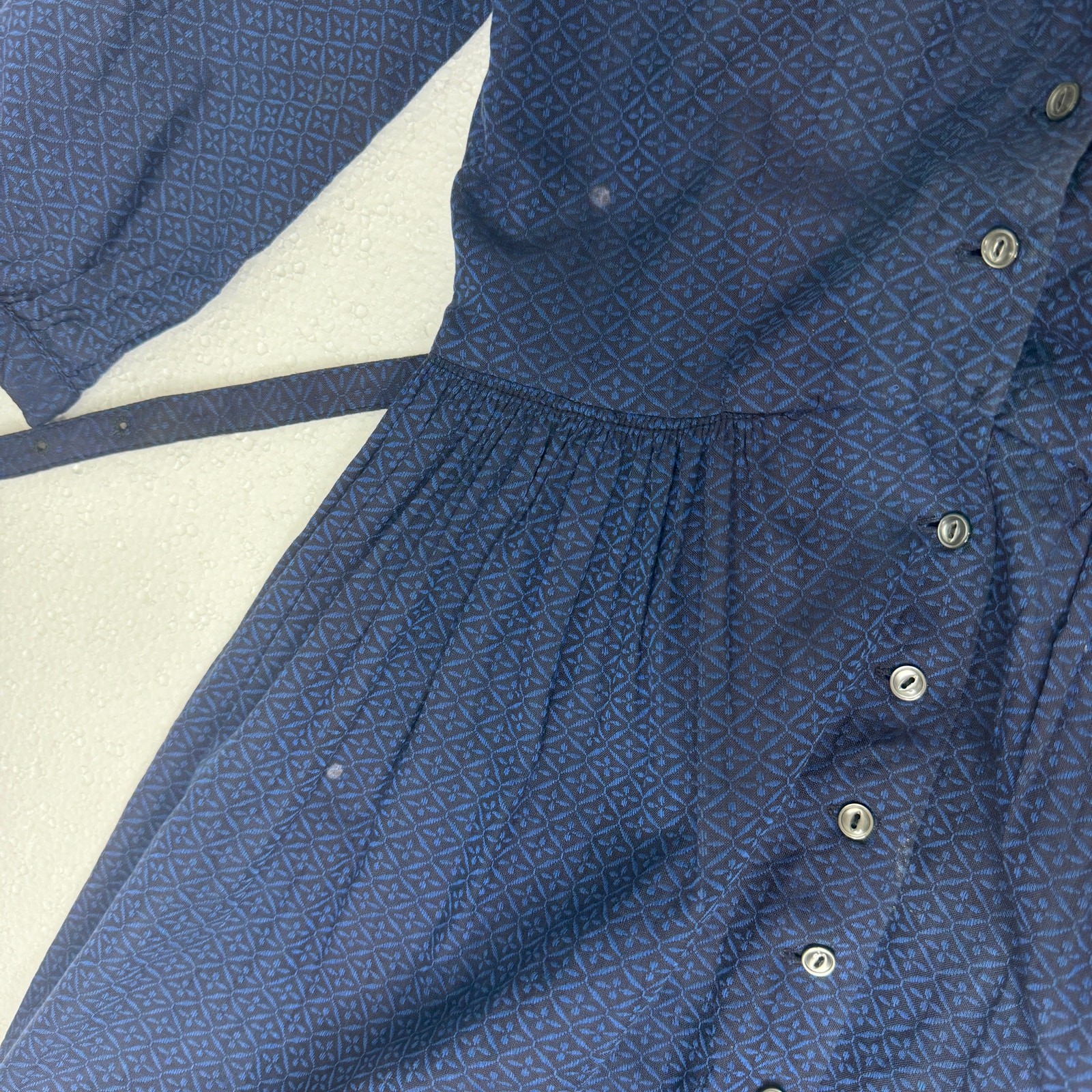 Vintage 1940s Vicky Vaughn Blue Geometric Day Dress WWII Shoulder Pads w Belt