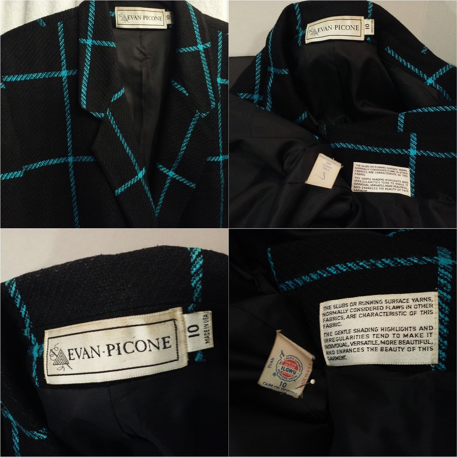 Vintage 80s Evan Picone Silk Blazer USA Union Tag -10 Tailored Window Pane Black