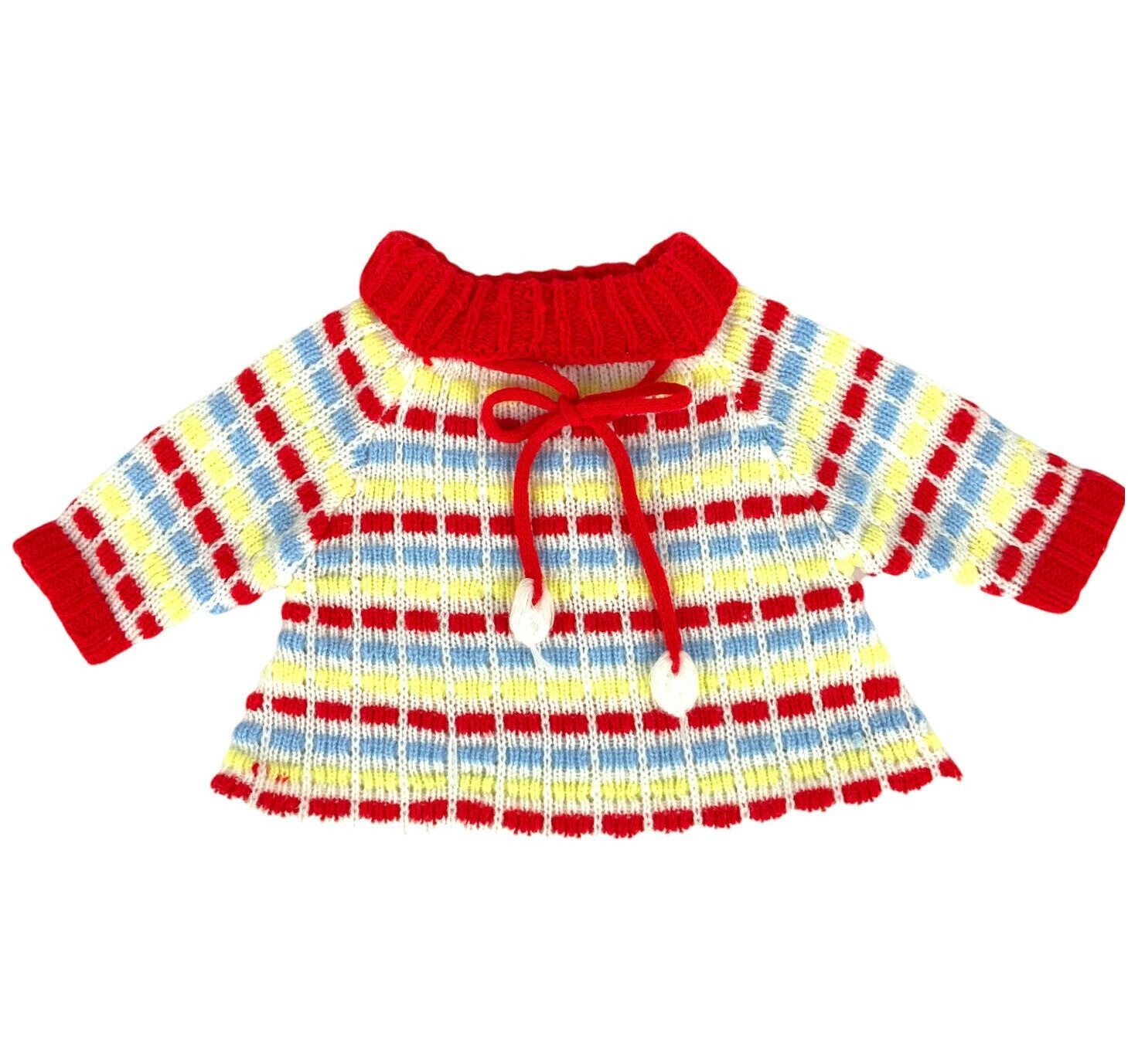 Acrylic Infant Sweater 0-3 mos Red Stripe Knit Bow Vintage 60s 70s Made In Korea