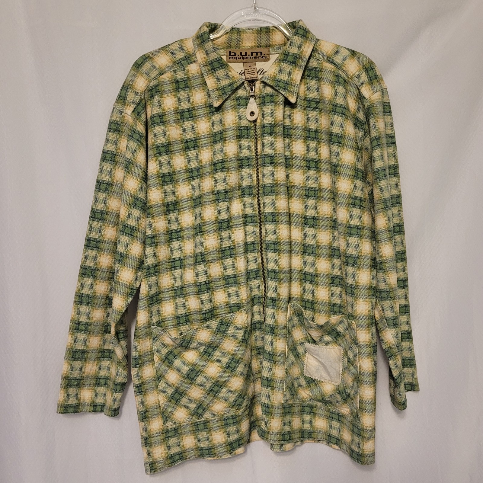 VTG 90s BUM EQUIPMENT Full Zip Green Plaid Flannel Shirt Grunge Pockets Wmn’s M