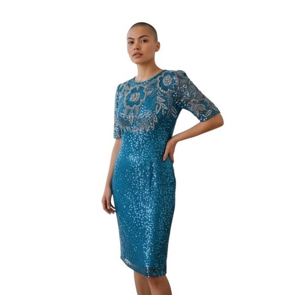 1980s Aqua blue & Silver Short Sleeve Beaded Sequin Formal Cocktail Dress