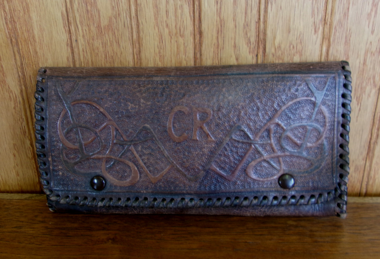 Hand Tooled Vintage Brown Leather Embossed Wallet Checkbook Cover “CR” Initials