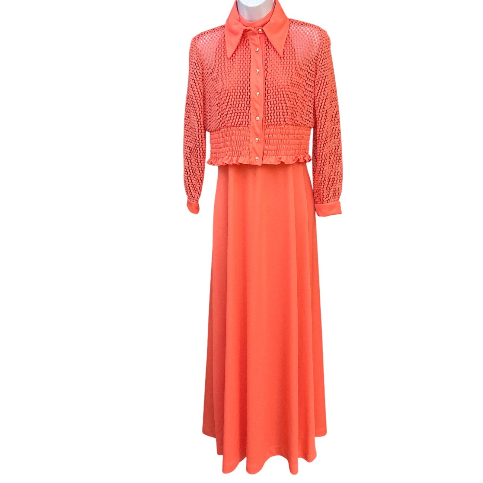Vintage 70s Coral Maxi Dress Set Textured Jacket Disco Hostess Retro Glam