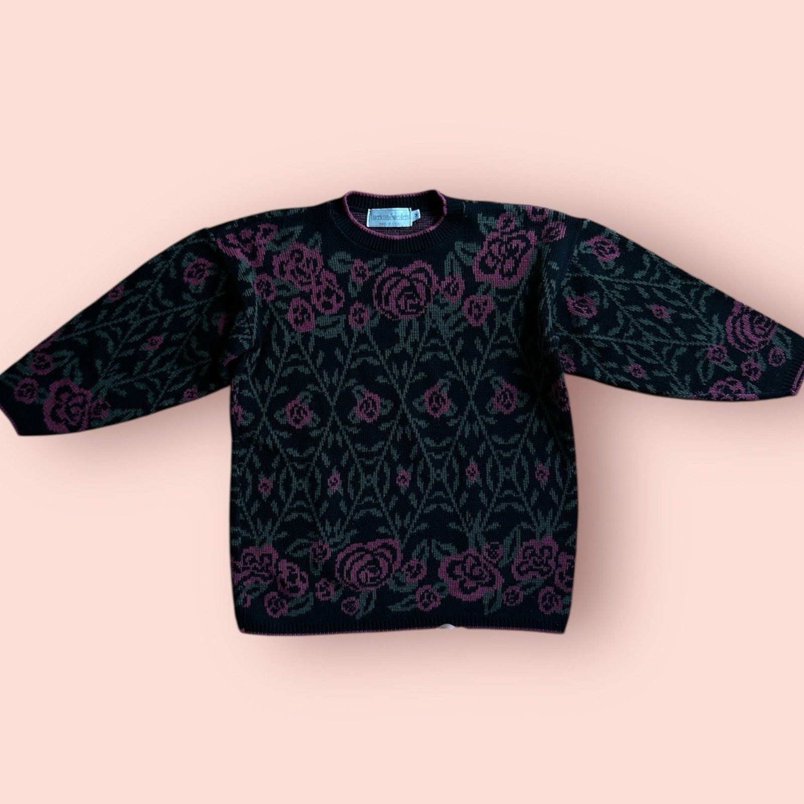 Vtg 80’s Sweater Black Pink Roses AOP Colorful Flowers Grandmacore Kawaii Fairy