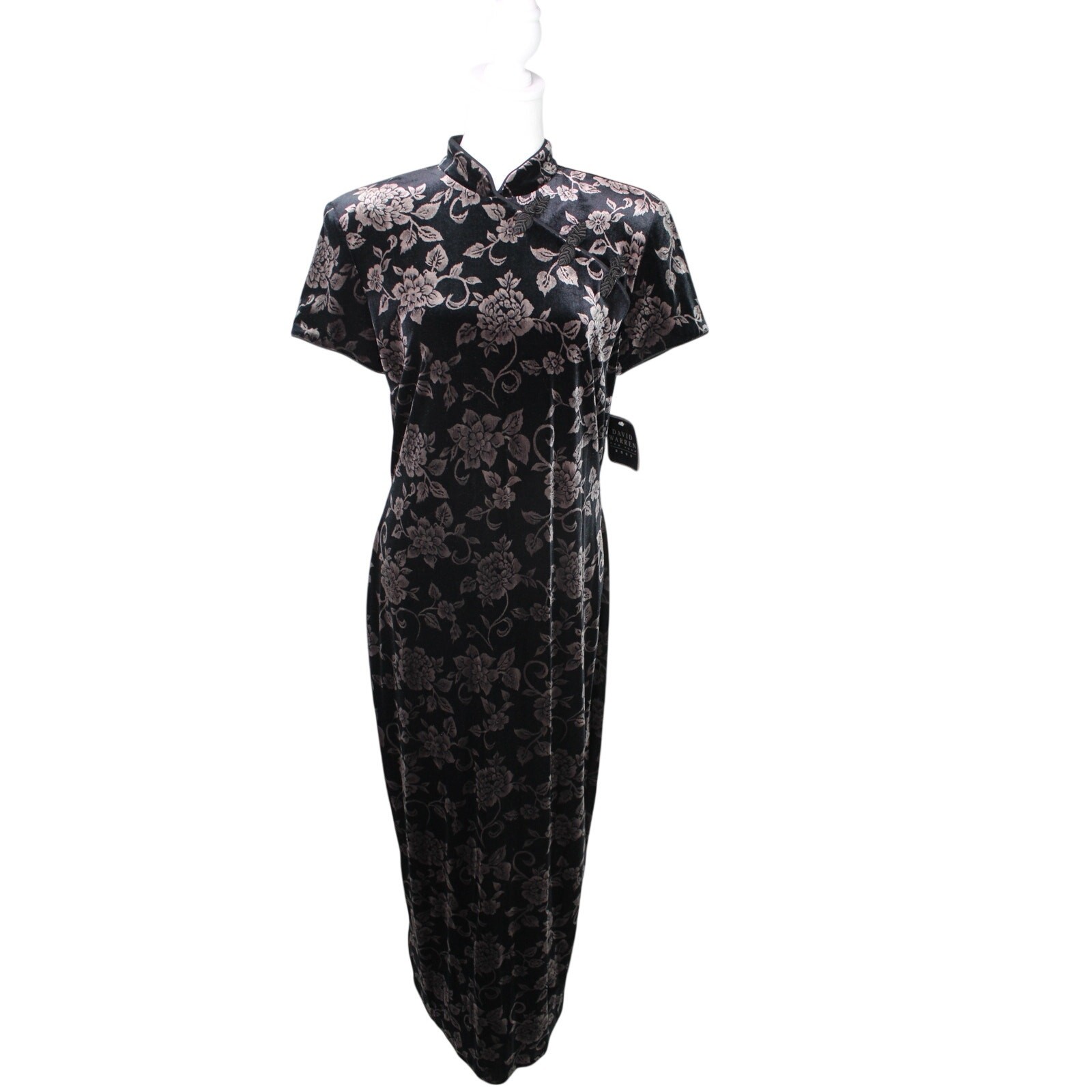 David Warren Vintage Cheongsam Style Black Floral Velvet Burnout Dress Maxi 12