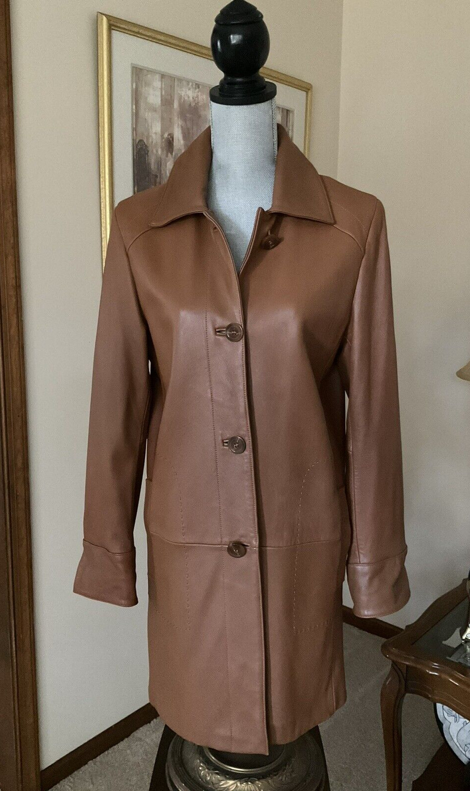 Vintage LNR Women’s Sz S Carmel Leather Button Down Coat – Lined