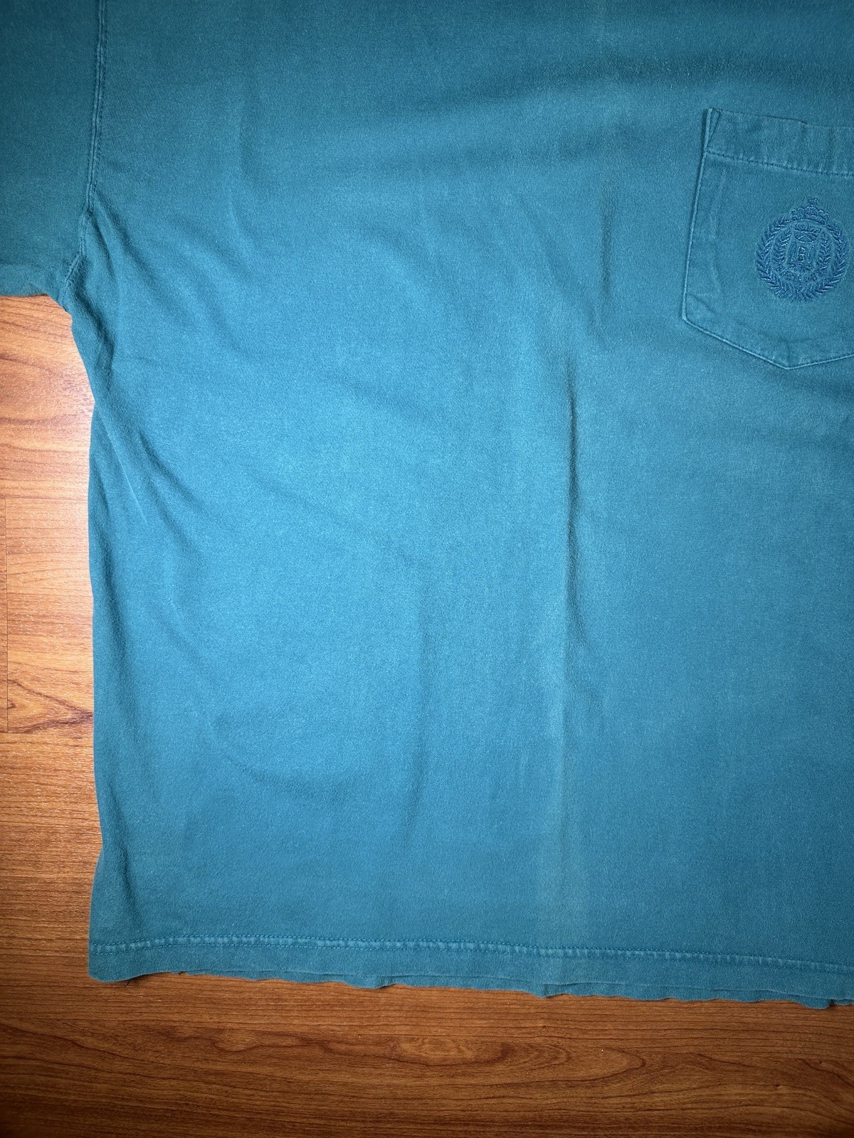 Vintage 90s Bugle Boy Pocket Tee Mens L Teal Mock Neck Crest Logo (3)