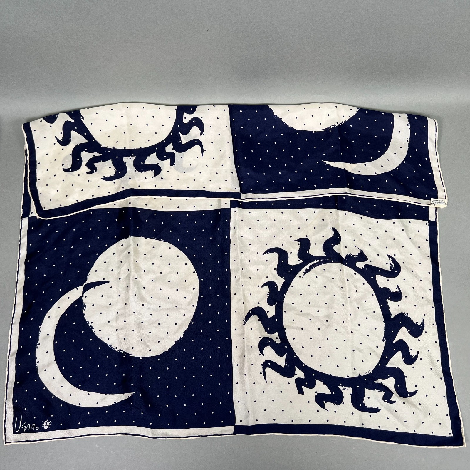 Vintage Vera Neumann Ladybug Scarf Blue/White Sun/Moon Witchy Tarot Silk 25″