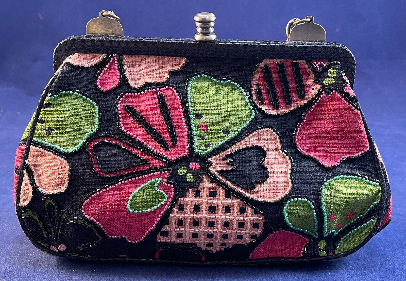 Vintage Isabella Fiore Floral Print Beaded Black Leather Trim 1990 Handbag Purse