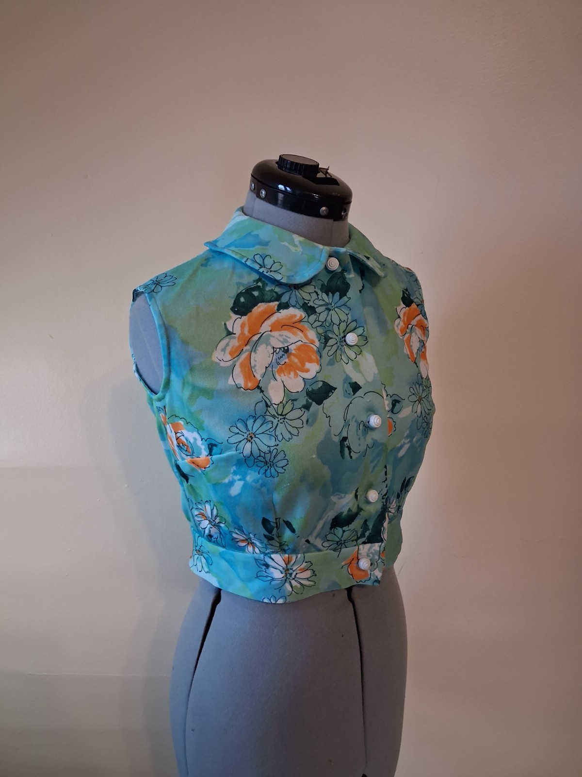 vintage 60s crop top, Floral Button Up Peter Pan Collar Polyester Sz S Disco