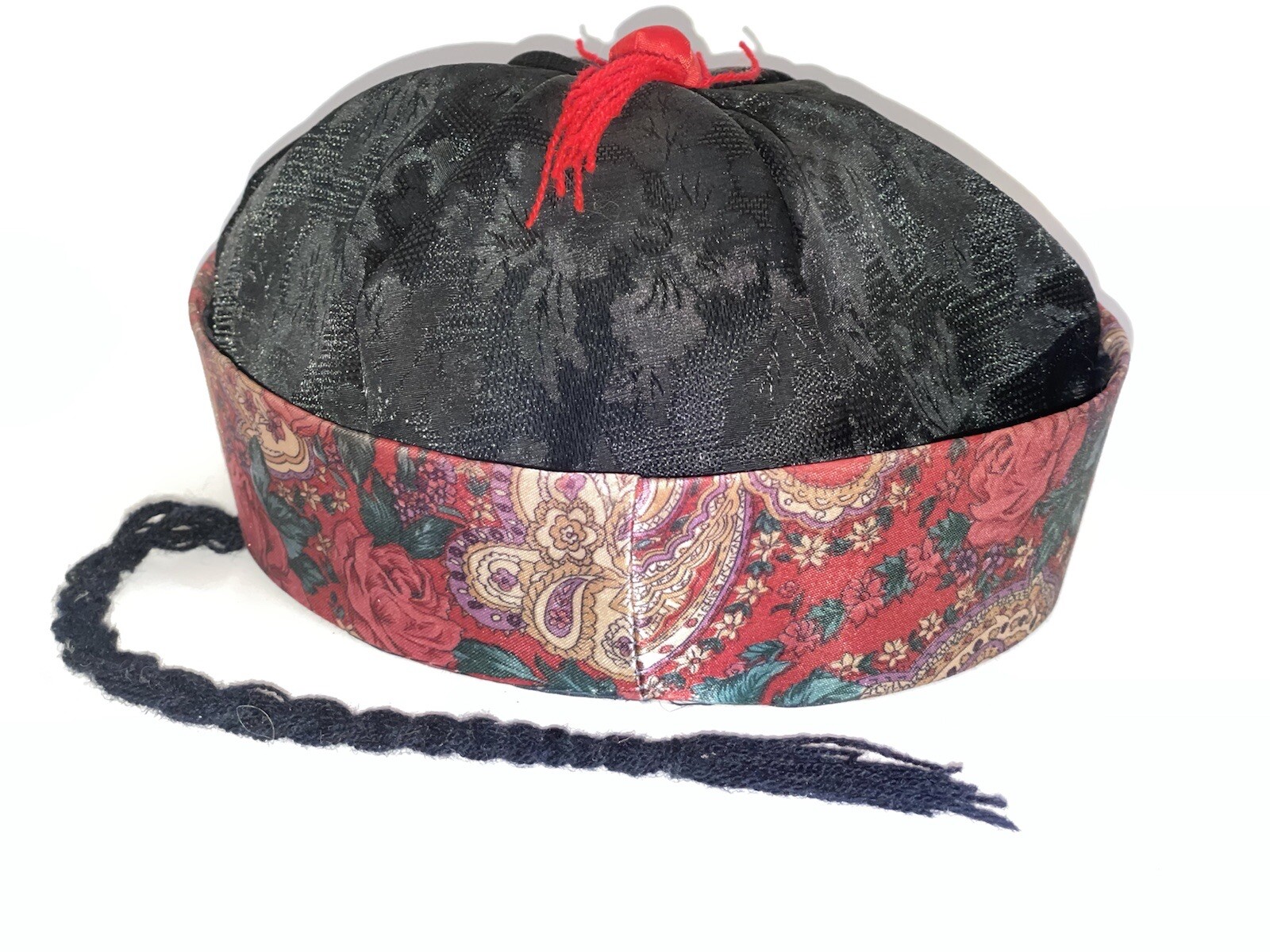 Vintage Oriental Asian Chinese Silk Hat With Braid Roses Paisley Pink Maroon