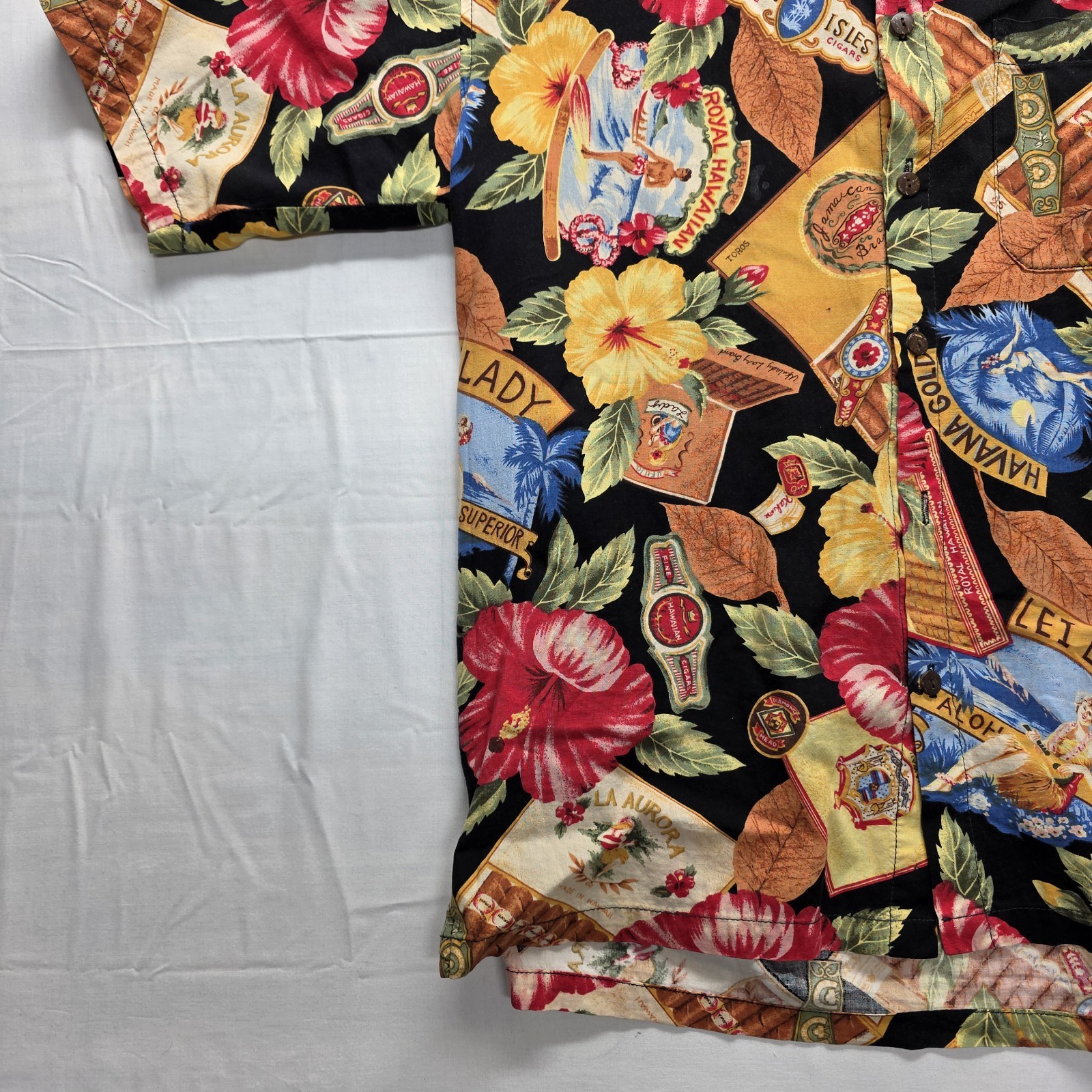 Vtg 90s Straight Down Cigar Hawaiian Shirt Mens M Tobacco Label Lei Lady