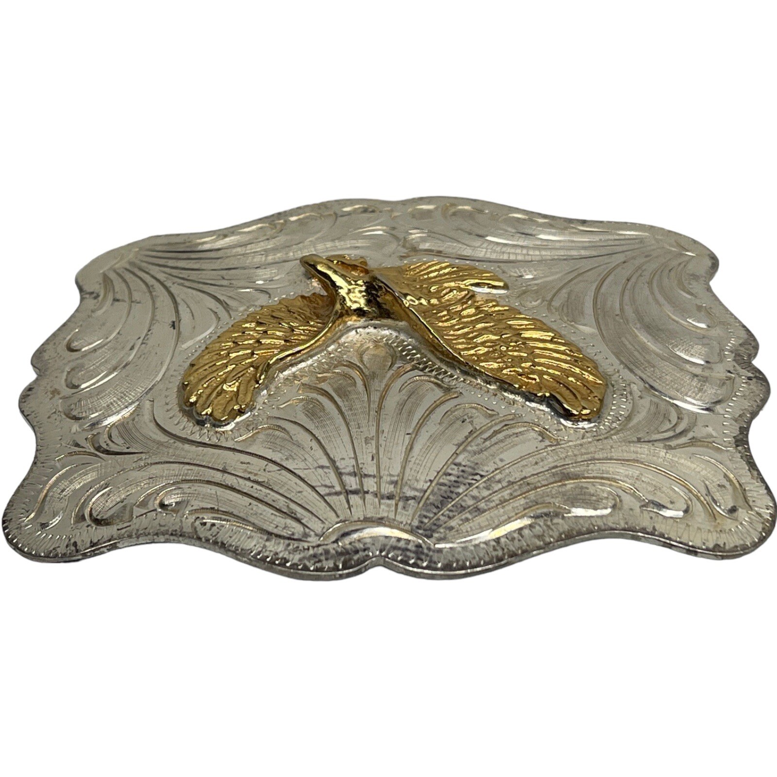 Vintage Alpaca Mexico Etched Nickel Silver/Gold Belt Buckle Eagle 4.25”x 3.5”