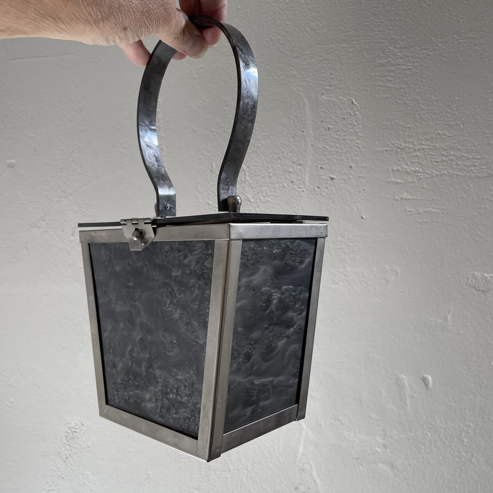 Vtg MCM Charcoal Gray Lucite Box Purse Bag, Marbleized, Pearlized, Silver Frame