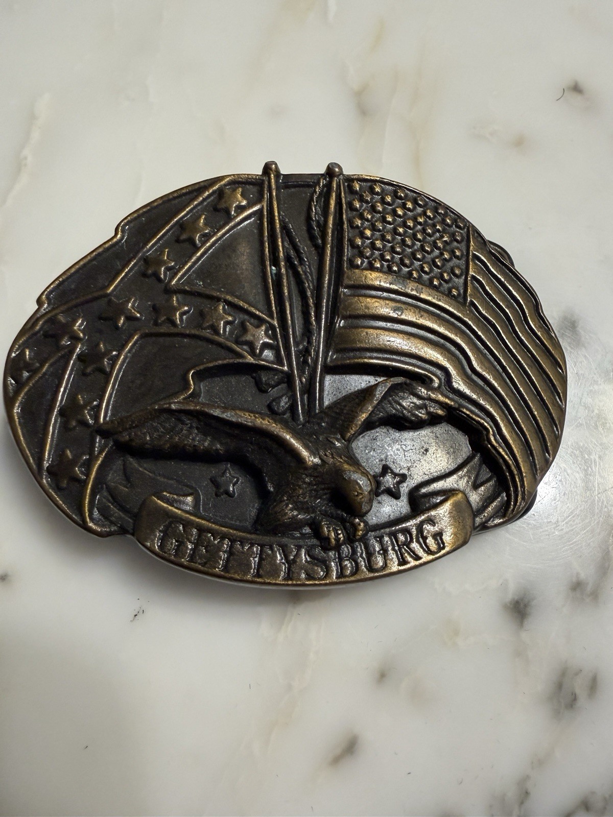 Gettysburg Eagle Belt Buckle Bronze Tone Metal USA Flag Patriotic Souvenir