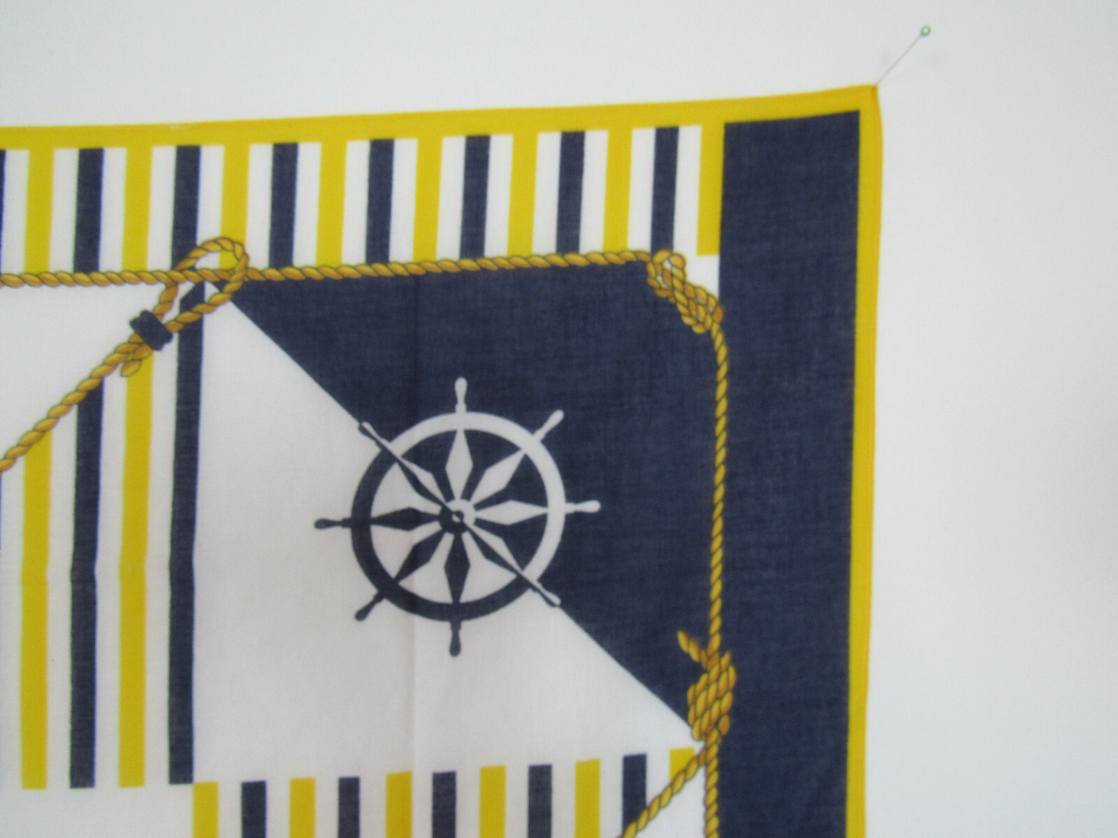 VTG 1960s NAUTICAL THEME LINEN SCARF 30 1/4″ by 29 3/4″ YELLOW BLUE WHITE