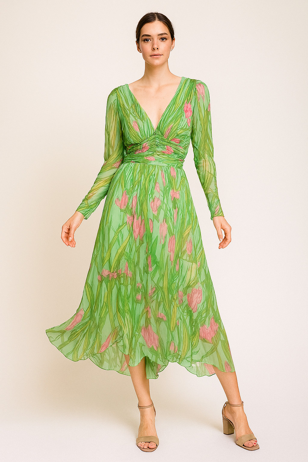 RARE Vtg 60s 70s ROBERT-DAVID MORTON Art ORCHID FLORAL Print RUCHED Midi DRESS S