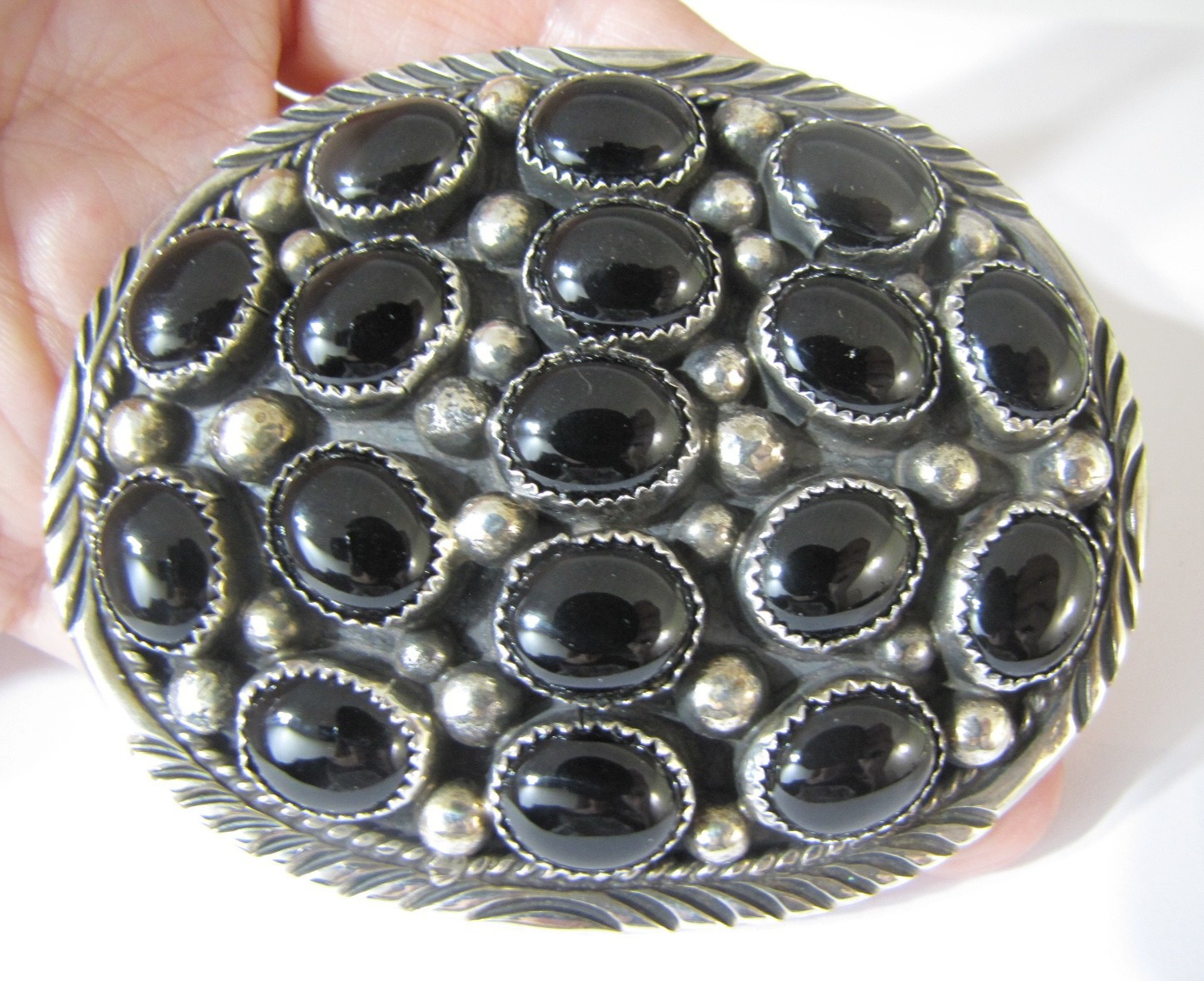 Vintage Navajo Sterling Silver Black Onyx Cluster Belt Buckle 70g GA Sterling