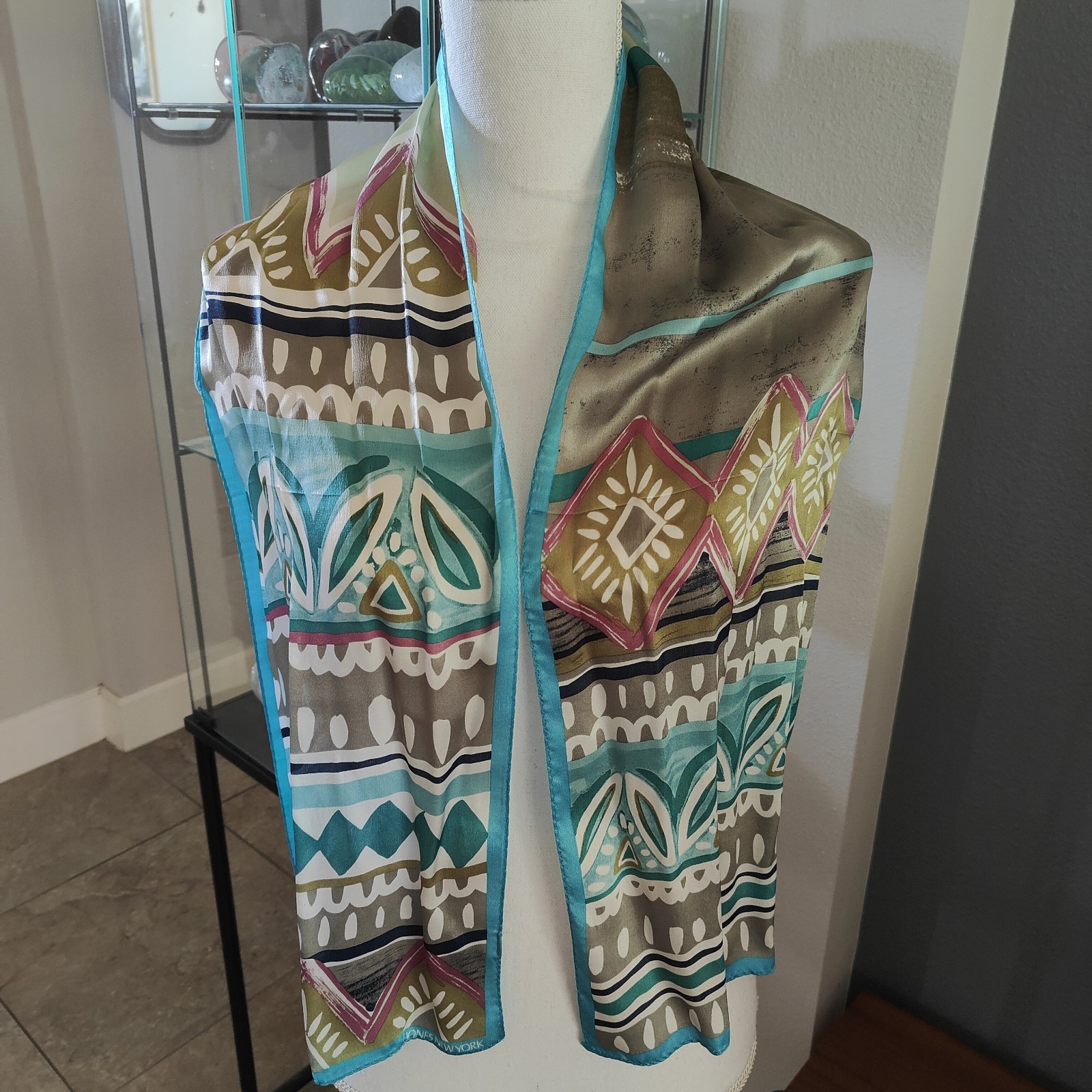 Jones New York Vintage Silk Long Scarf Aqua Pink White Green Geometric 53″ x 9″