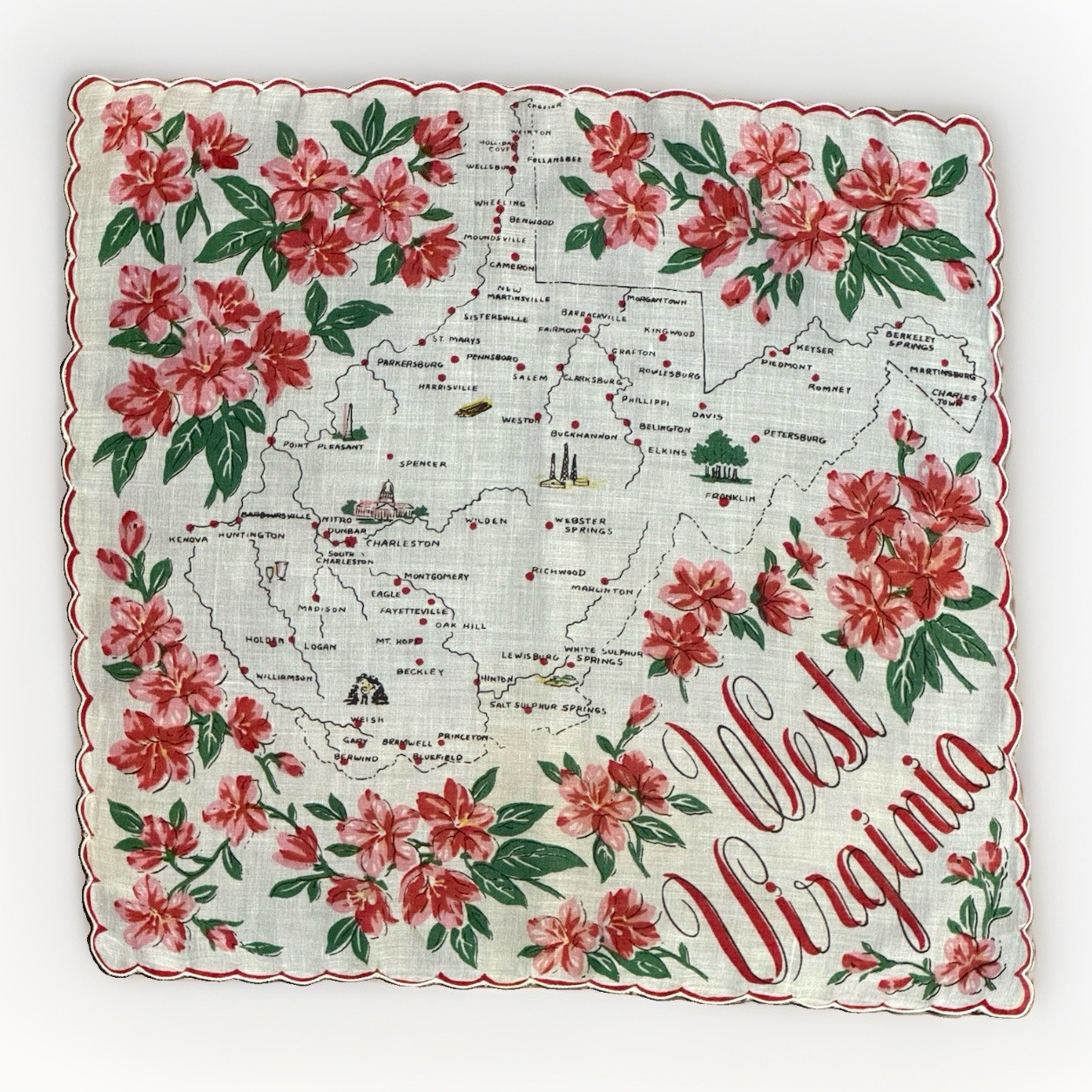Vtg 1950s Franshaw Hankie WEST VIRGINIA State Travel Map Souvenir Handkerchief