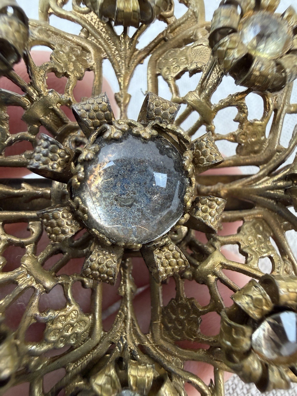 Antique Gold/Brass Tone Filigree Half-Belt Buckle w/Rhinestones Repurpose NOTES