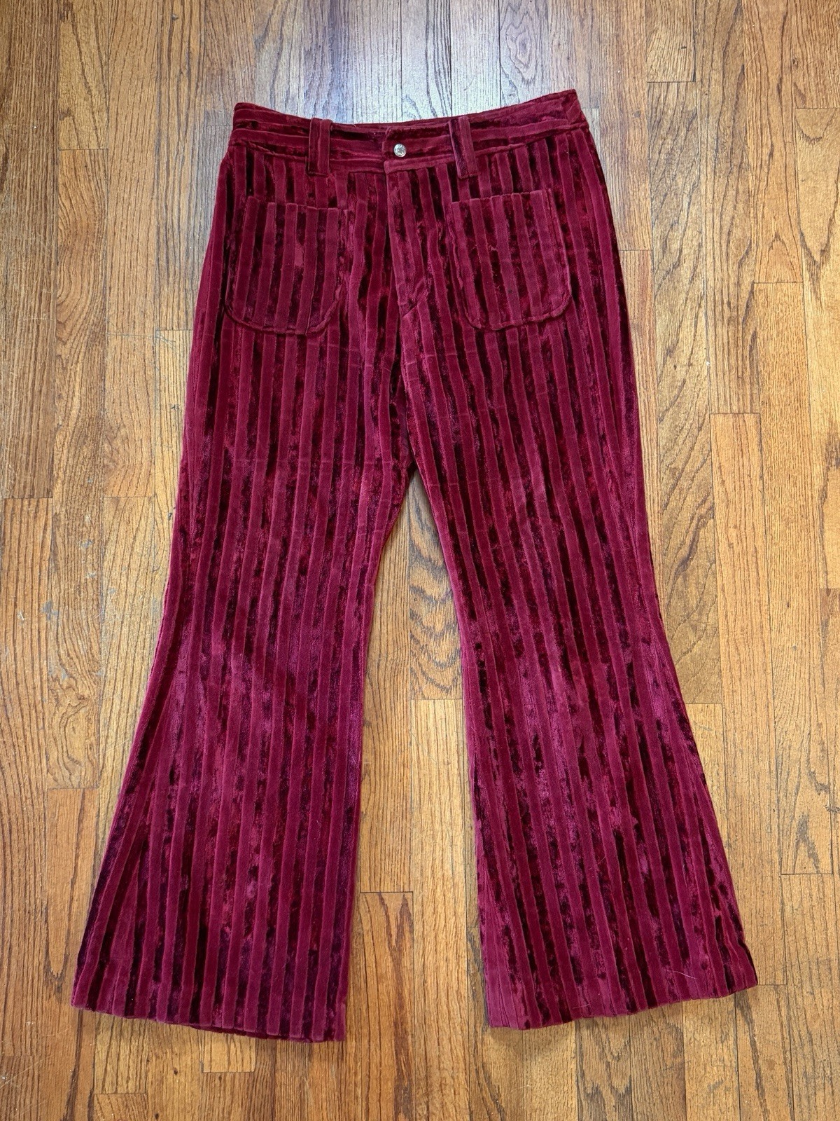 Vintage 70s Montgomery Ward Red Maroon Velvet Striped Wide Flare Pants 32” Waist