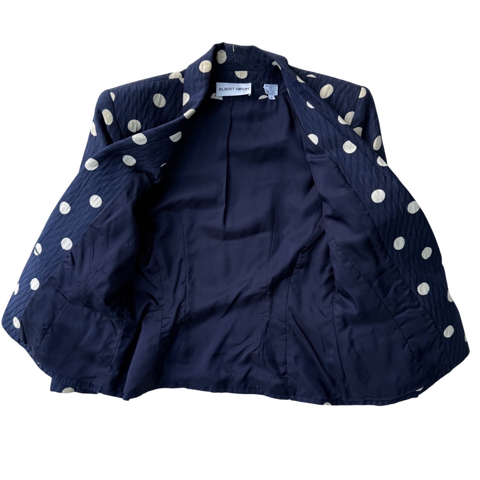 VTG Albert Nipon Navy Polka Dot Skirt Suit Set Size 8 Silk Linen Jacket & Dress