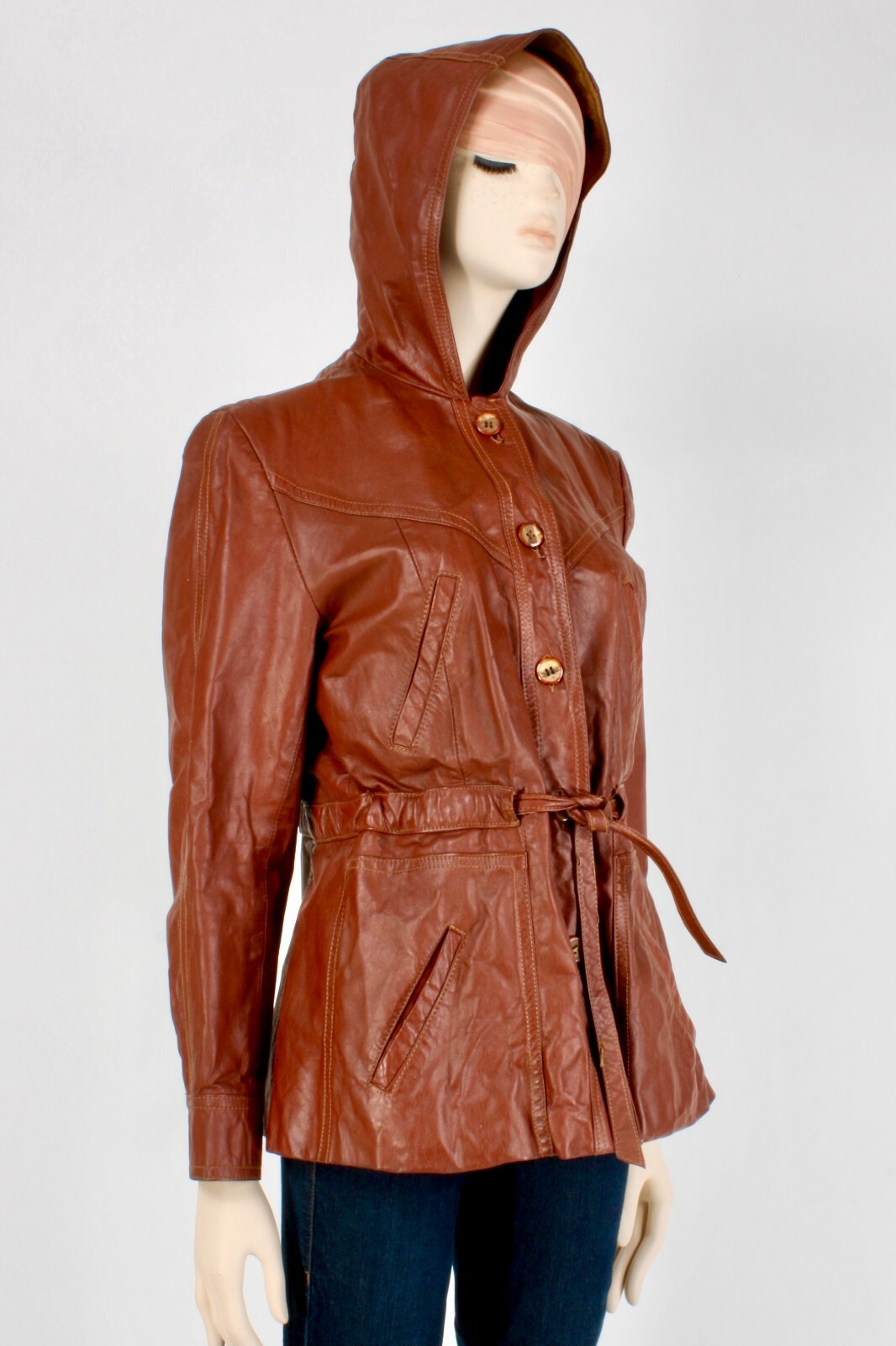 M Vintage 1960s Sears Jr Bazaar Rust Orange Leather Jacket Coat Belted Hood 60s