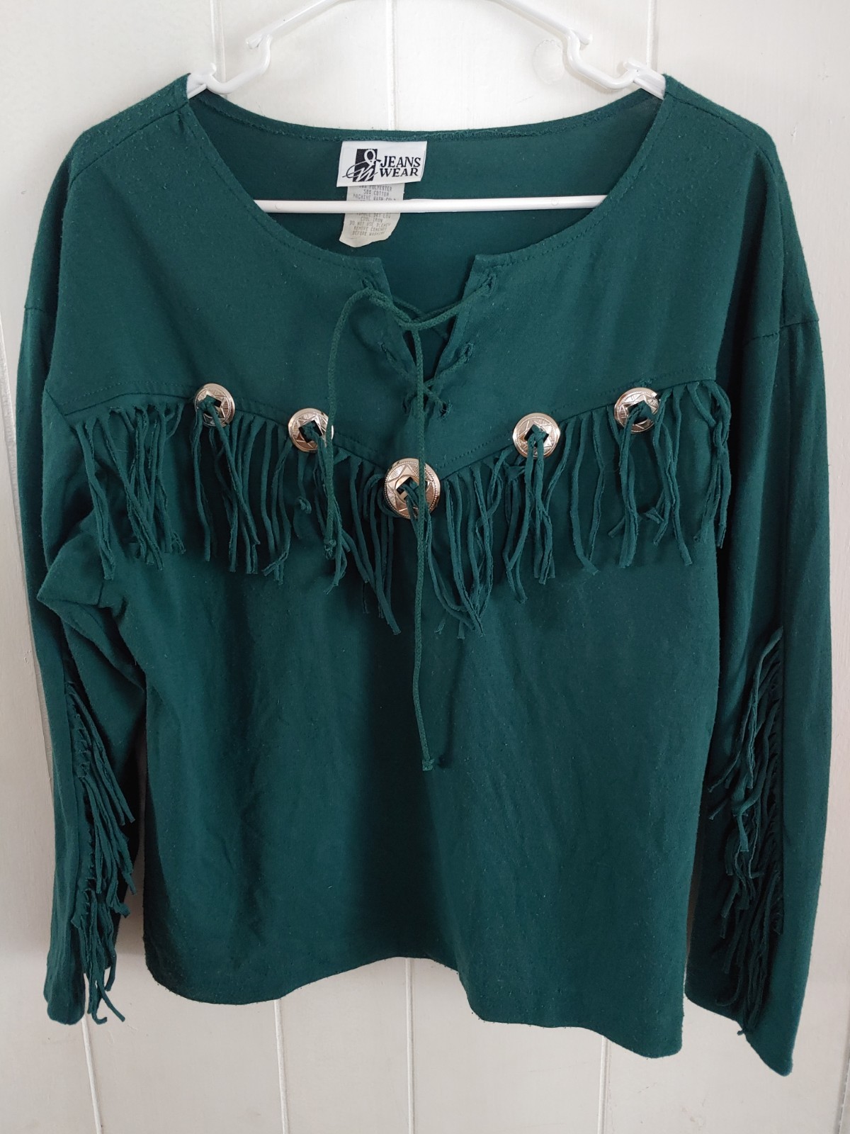 Vintage 80s Jeans Wear Green Western Concho Fringe Womens Sz Med Top USA Made